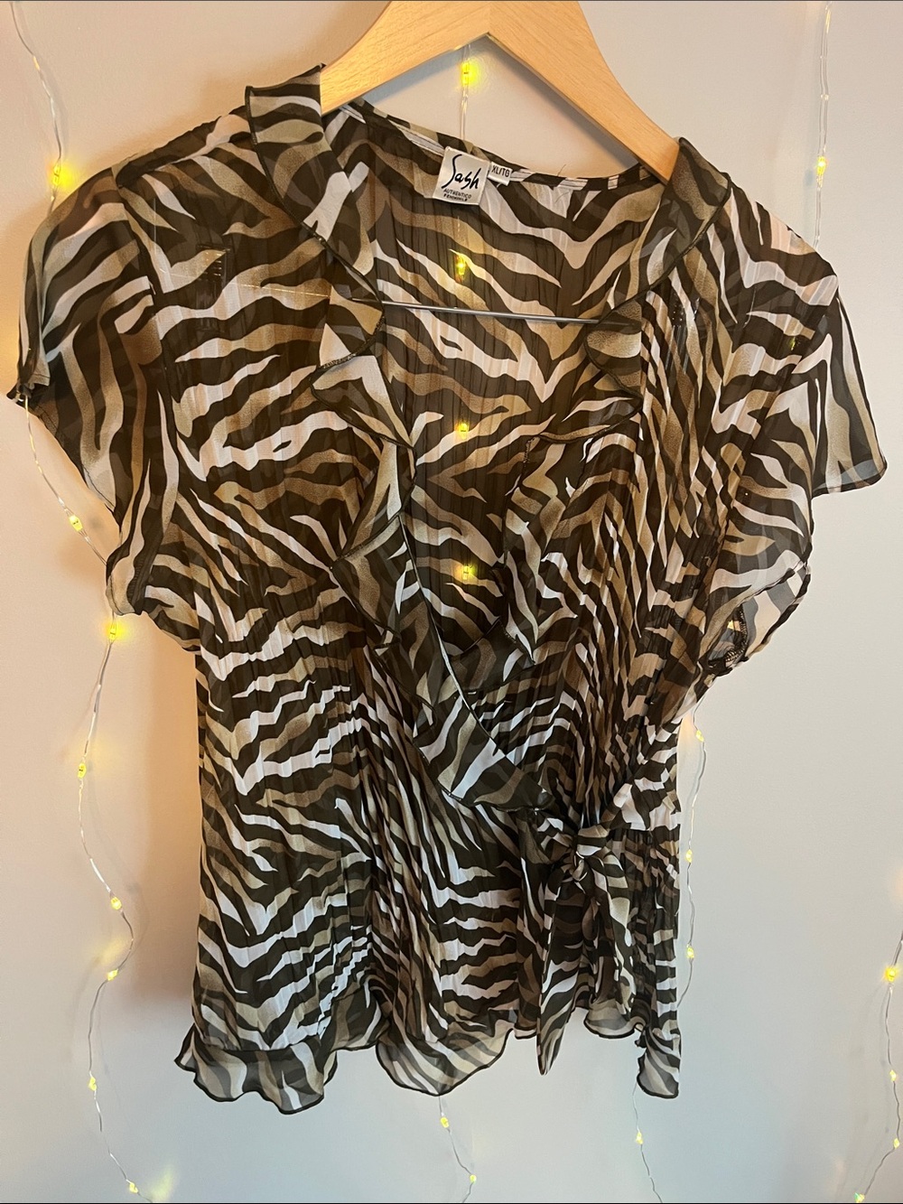 Zebra-Print Wrap Top in Olive and Cream